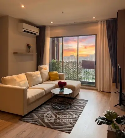 Modern living room with cozy sofa and stunning sunset view from balcony.