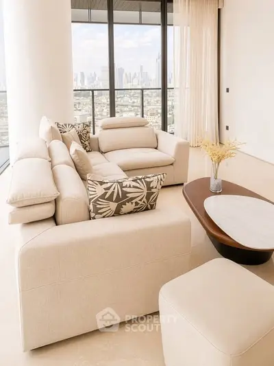 Luxurious living room with modern beige sofa and stunning city view from large windows.