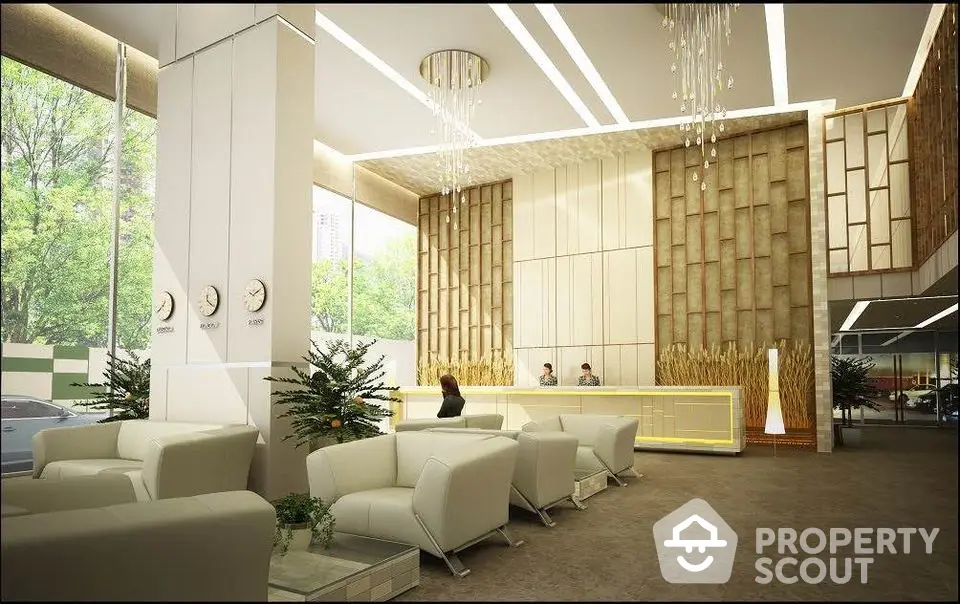 Luxurious modern lobby with elegant seating and stylish lighting in a high-end building.