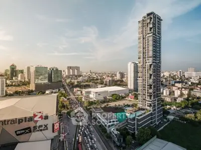 Stunning cityscape view with modern high-rise building and bustling urban landscape.