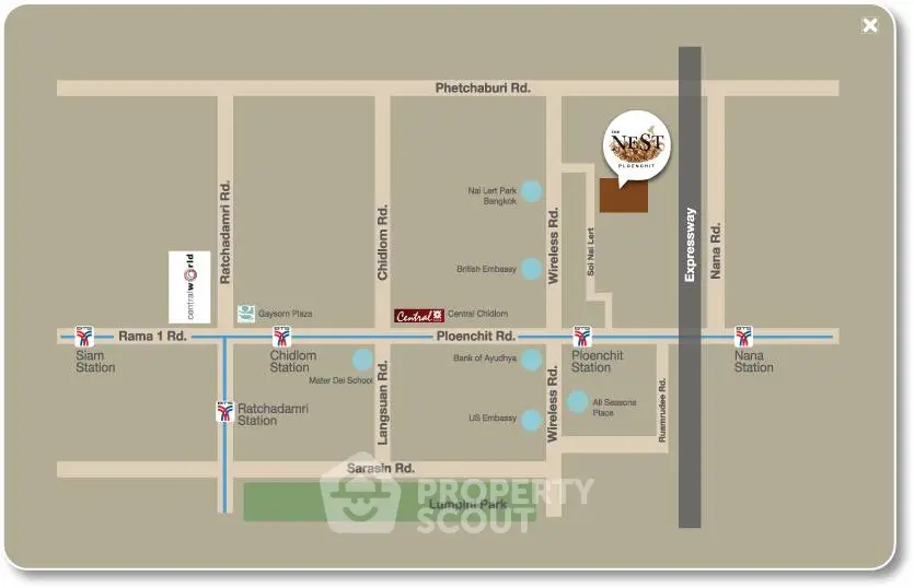 Map showing location of NeSF Bangkok near Ploenchit and Chidlom stations.