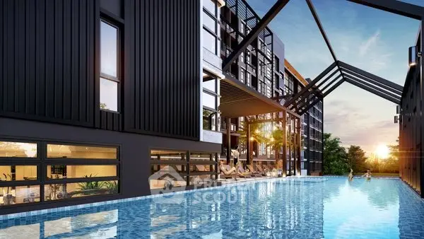 Luxurious modern apartment complex with stunning pool and sunset view.