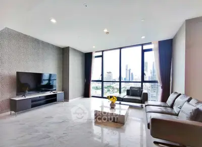 Luxurious modern living room with panoramic city views and elegant marble flooring.