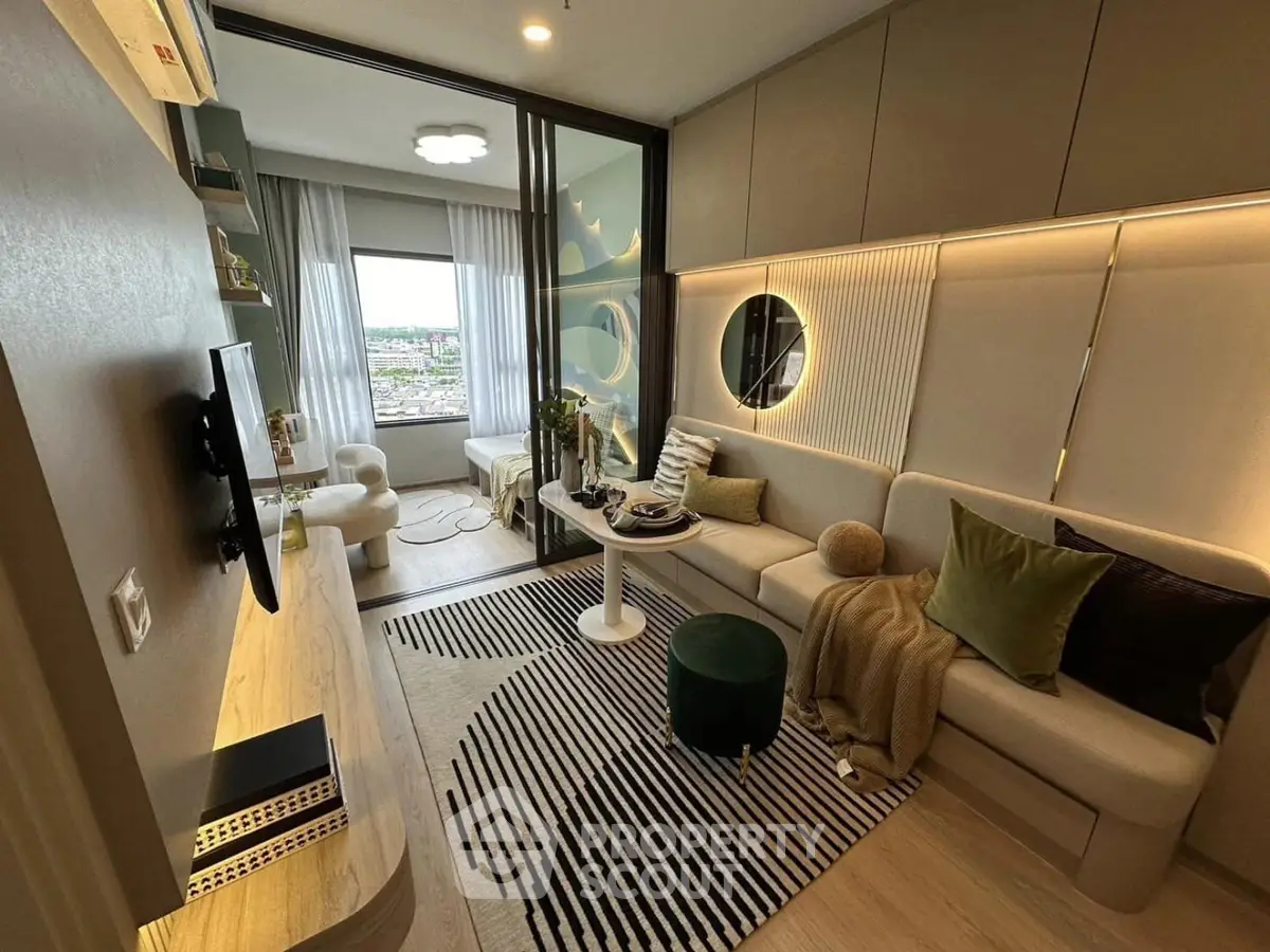 Stylish modern living room with elegant decor and city view, perfect for urban living.