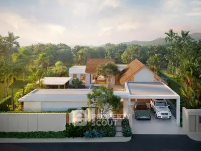 Luxurious modern villa with lush garden and two-car garage in serene tropical setting.