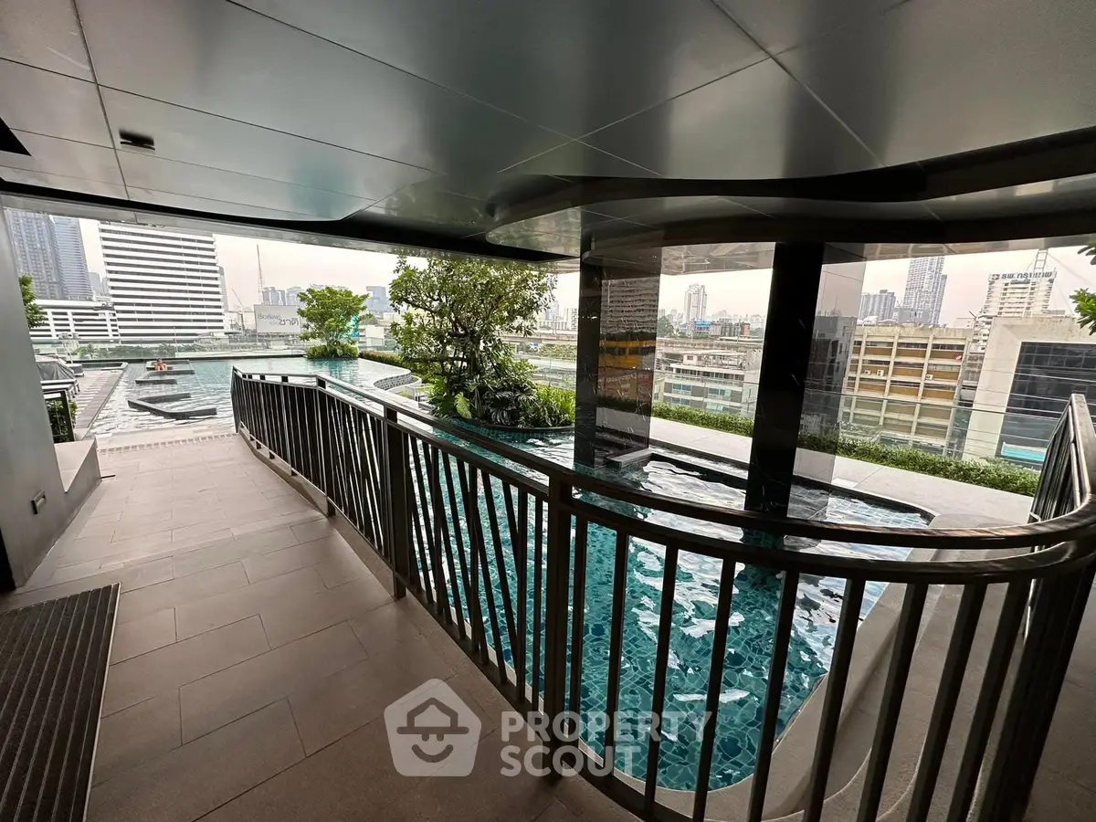 Luxurious rooftop pool with stunning city views in modern high-rise building.