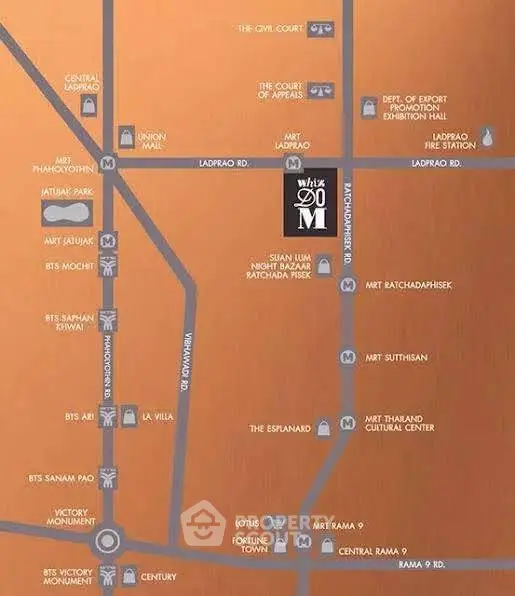 Map showing location of Whizdom 101 near MRT and BTS stations in Bangkok.