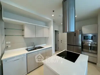 Modern kitchen with sleek appliances and island in luxury apartment