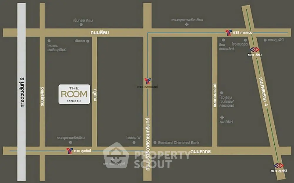 Map showing location of The Room Sathorn with nearby BTS and MRT stations.