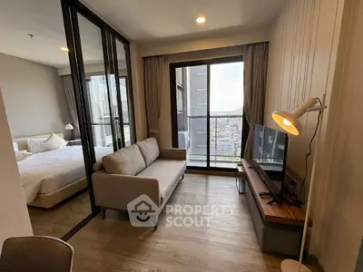 Modern apartment living room with city view and cozy bedroom