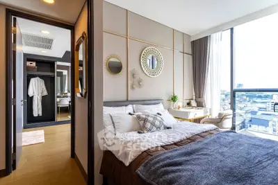 Luxurious bedroom with stunning city view and elegant decor
