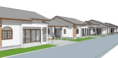 Modern architectural rendering of a row of stylish single-story homes with sleek design.