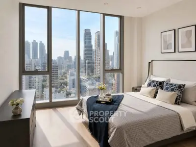 Luxurious bedroom with stunning city view and modern decor in high-rise apartment.