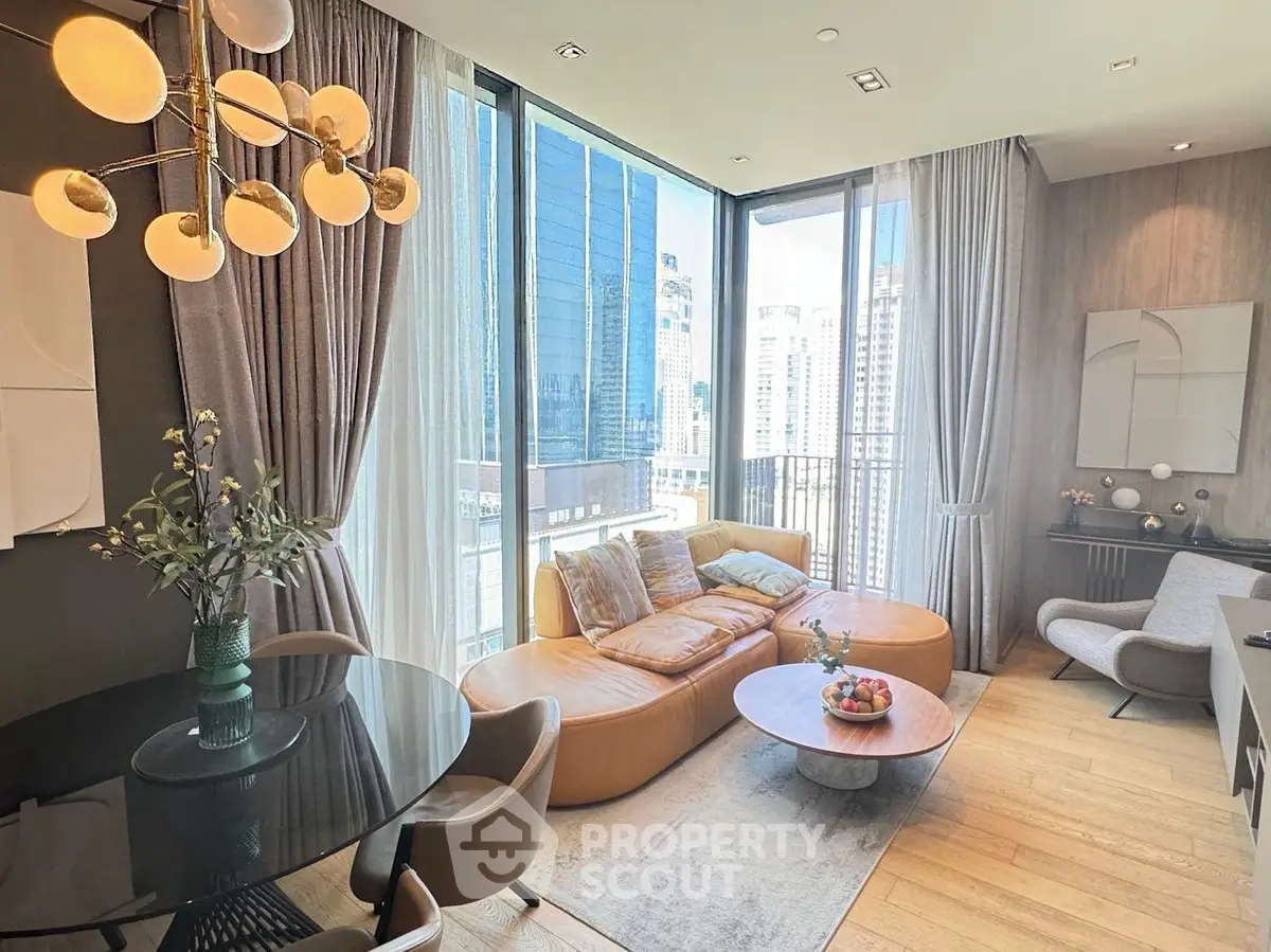 Luxurious modern living room with city view, stylish furniture, and elegant lighting in high-rise apartment.