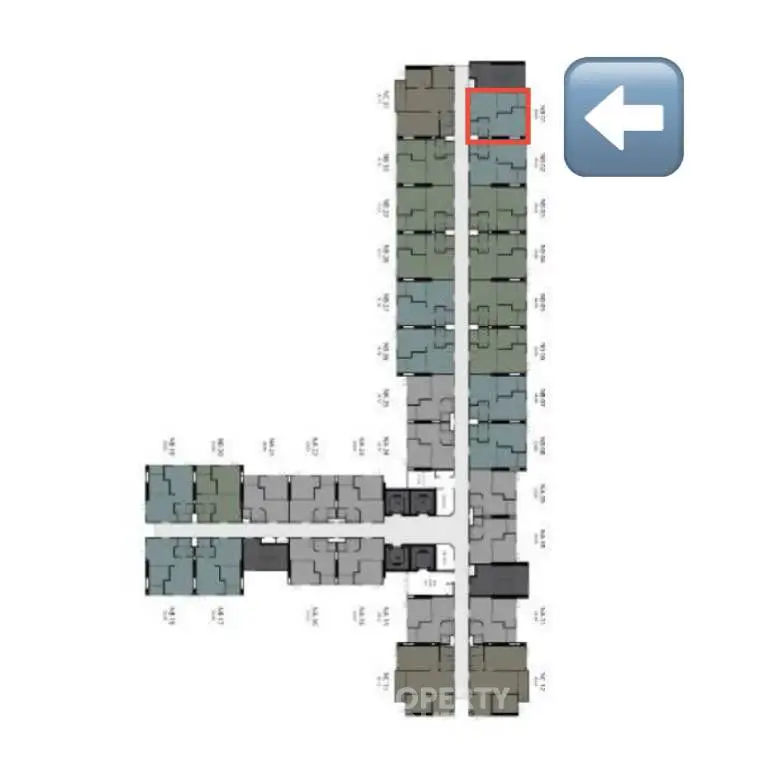 Detailed floor plan layout of a modern apartment building with highlighted unit.