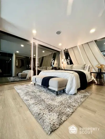 Luxurious bedroom with plush king-sized bed, elegant lighting, and mirrored wardrobe, featuring a cozy shag rug and modern accents.