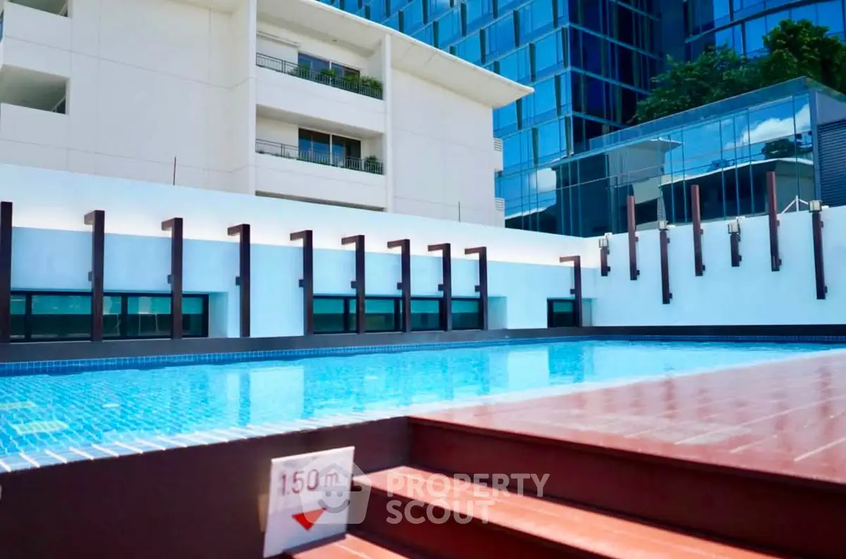 Luxurious modern apartment pool with sleek design and city views, perfect for relaxation and leisure.