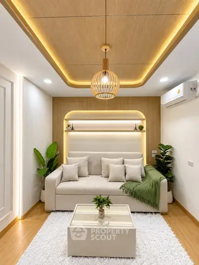 Modern living room with elegant lighting, cozy sofa, and stylish decor in a contemporary apartment.