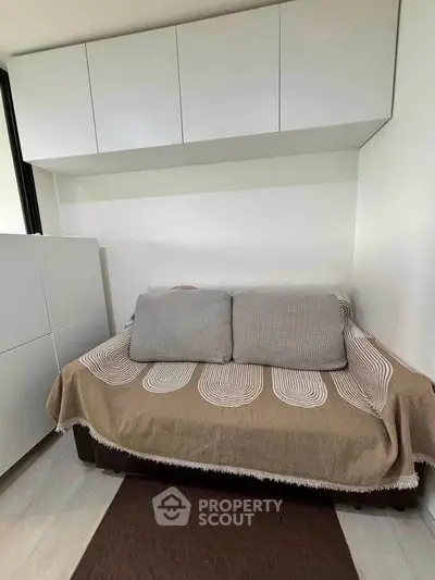 Cozy small living room with modern sofa and stylish cushions