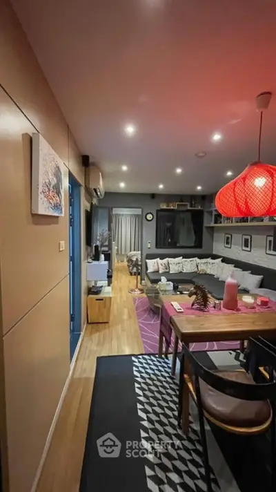 Stylish modern living room with open layout and vibrant decor