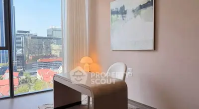 Modern study room with city view, elegant desk, and contemporary art.