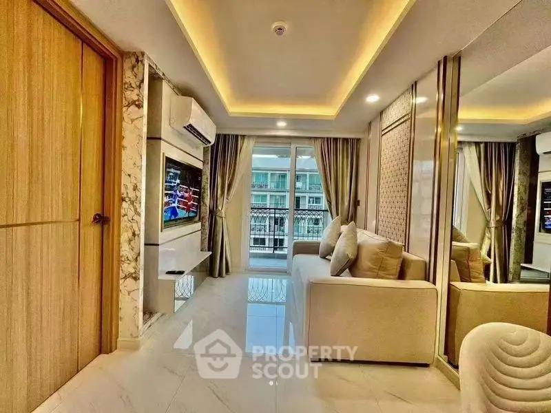 Luxurious modern living room with elegant decor and balcony view