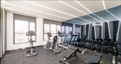 Modern gym with state-of-the-art equipment and mirrored walls in a luxury residential building.
