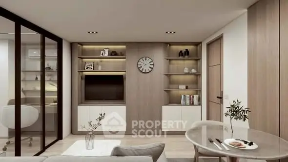 Modern living room with sleek wooden cabinetry and stylish decor