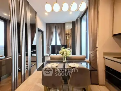 Modern living room with elegant dining area and large windows