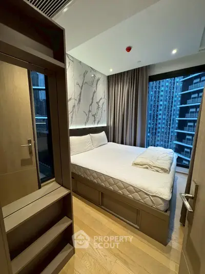 Luxurious modern bedroom with city view and elegant decor