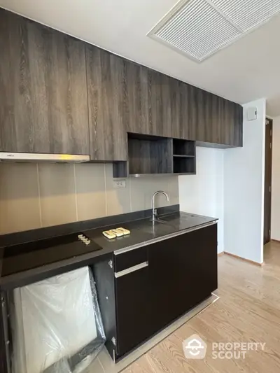 Modern kitchen with sleek dark cabinetry and electric cooktop in contemporary apartment