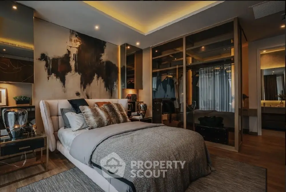 Luxurious modern bedroom with elegant decor and ambient lighting