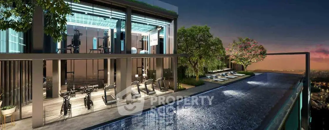 Luxurious rooftop gym and infinity pool with stunning city views at sunset.