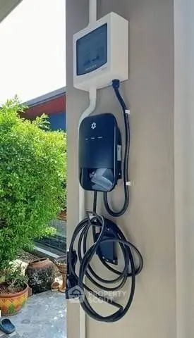 Modern electric vehicle charging station installed outdoors, enhancing eco-friendly home features.