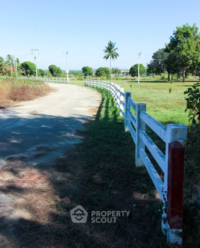 Scenic rural road with white fence and lush greenery, perfect for serene countryside living.