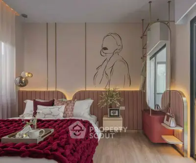 Stylish bedroom with modern decor and cozy ambiance, featuring elegant wall art and chic lighting.
