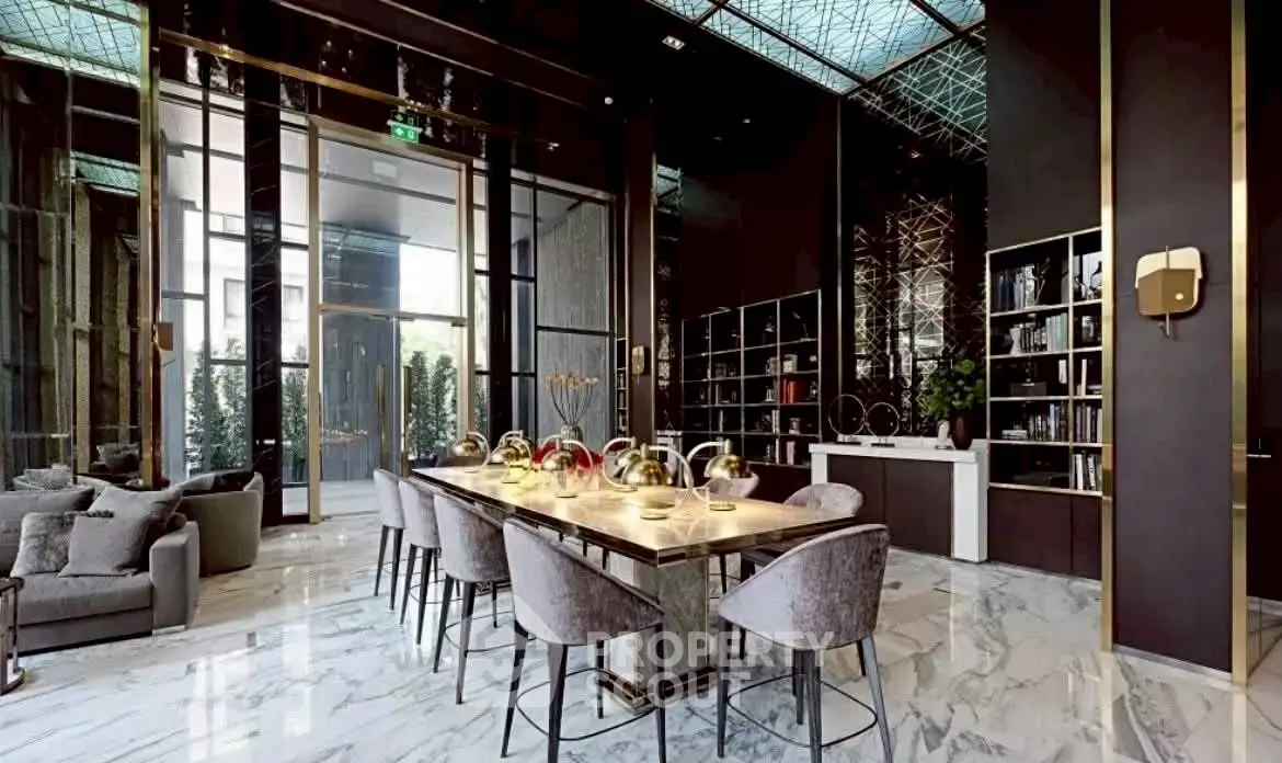 Luxurious modern living room with elegant dining area and marble flooring