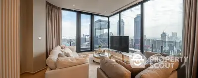 Luxurious corner unit living room with panoramic city views and plush seating.