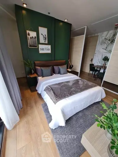 Modern bedroom with stylish decor and cozy ambiance, featuring a comfortable bed and elegant furnishings.