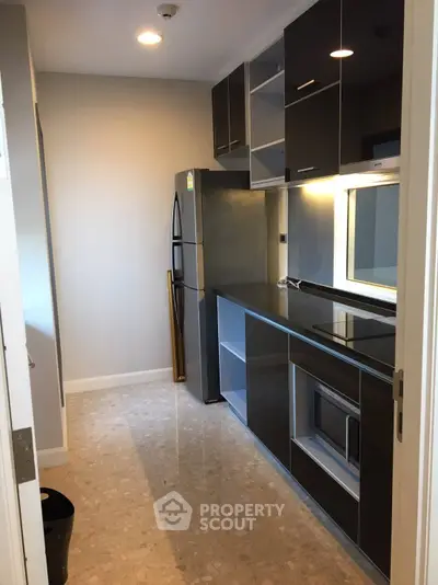 Modern kitchen with sleek black cabinets and stainless steel appliances