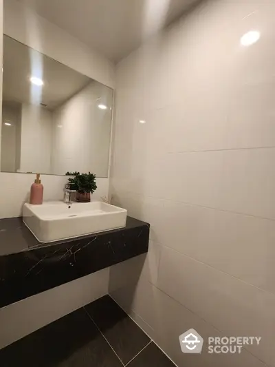 Modern bathroom with sleek black countertop and stylish sink