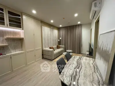 Modern living room with stylish furniture and elegant marble dining table