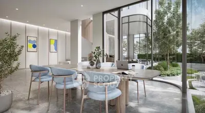 Luxurious modern living room with floor-to-ceiling windows and garden view