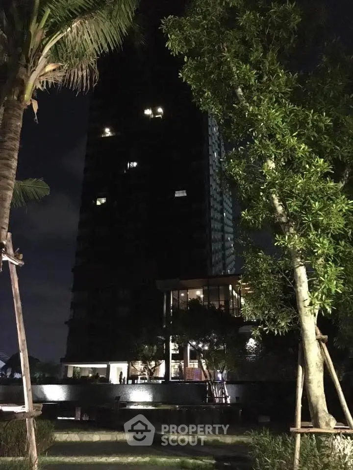 Stunning night view of modern high-rise building with lush greenery