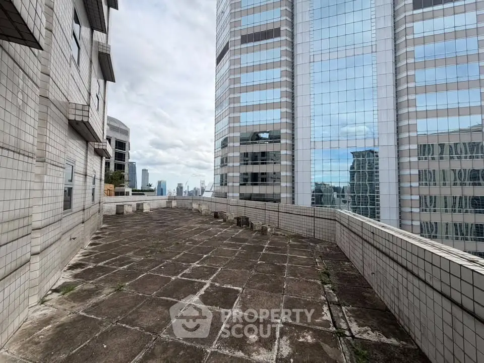 Spacious rooftop terrace with city skyline views and modern building facade.