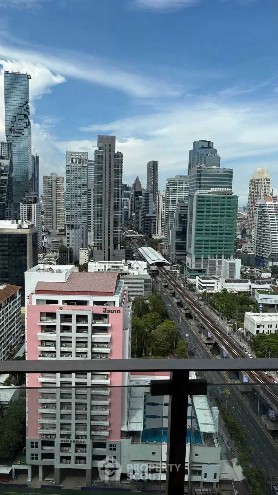 Stunning cityscape view from a high-rise balcony showcasing modern skyscrapers and urban skyline.