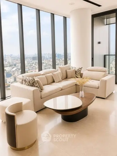 Luxurious living room with panoramic city views and elegant beige furniture.