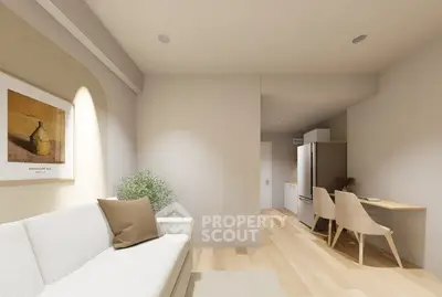 Modern living room with minimalist decor and open kitchen layout