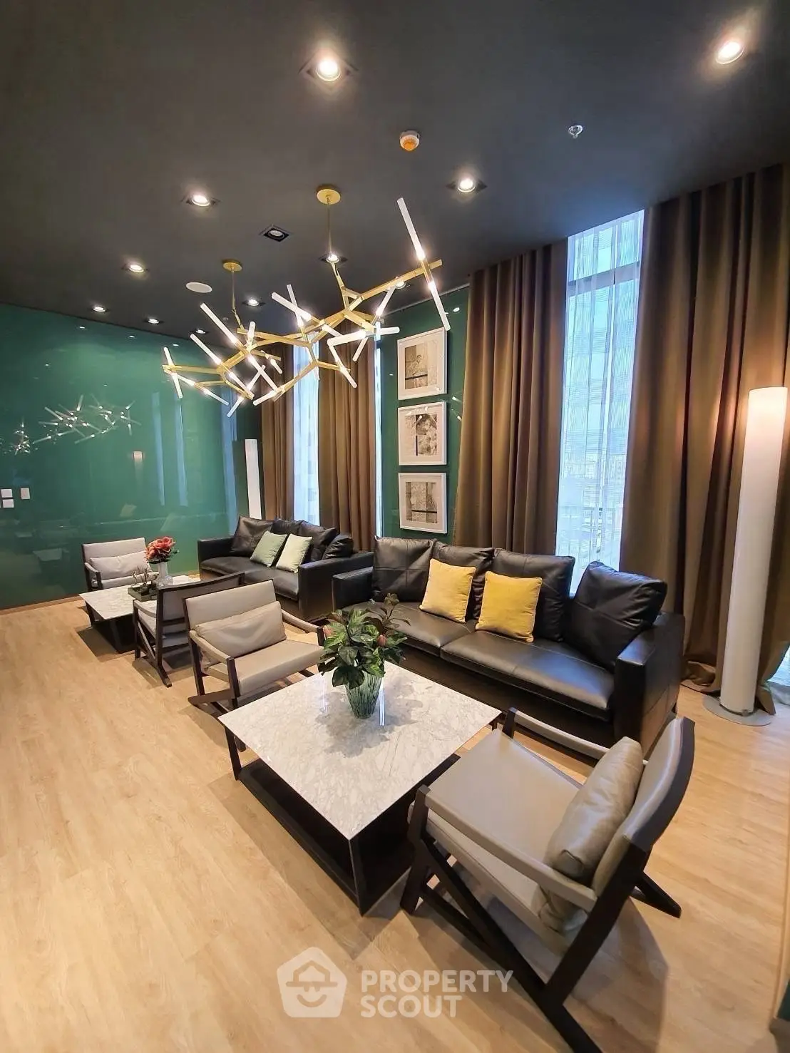 Luxurious modern living room with stylish lighting and elegant decor