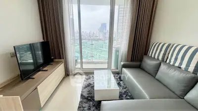 Modern living room with city view, sleek furniture, and balcony access.